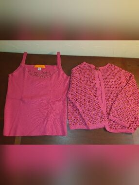 Vintage Late 80s Cynthia Steffe Set Hot Pink Tank Top With Crochet Sweater